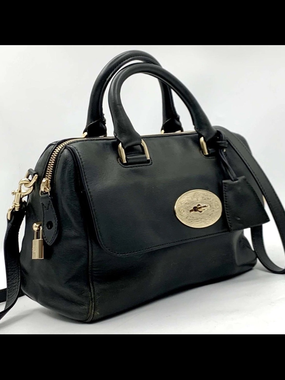 Mulberry Black Leather Satchel with Gold-Tone Plaque